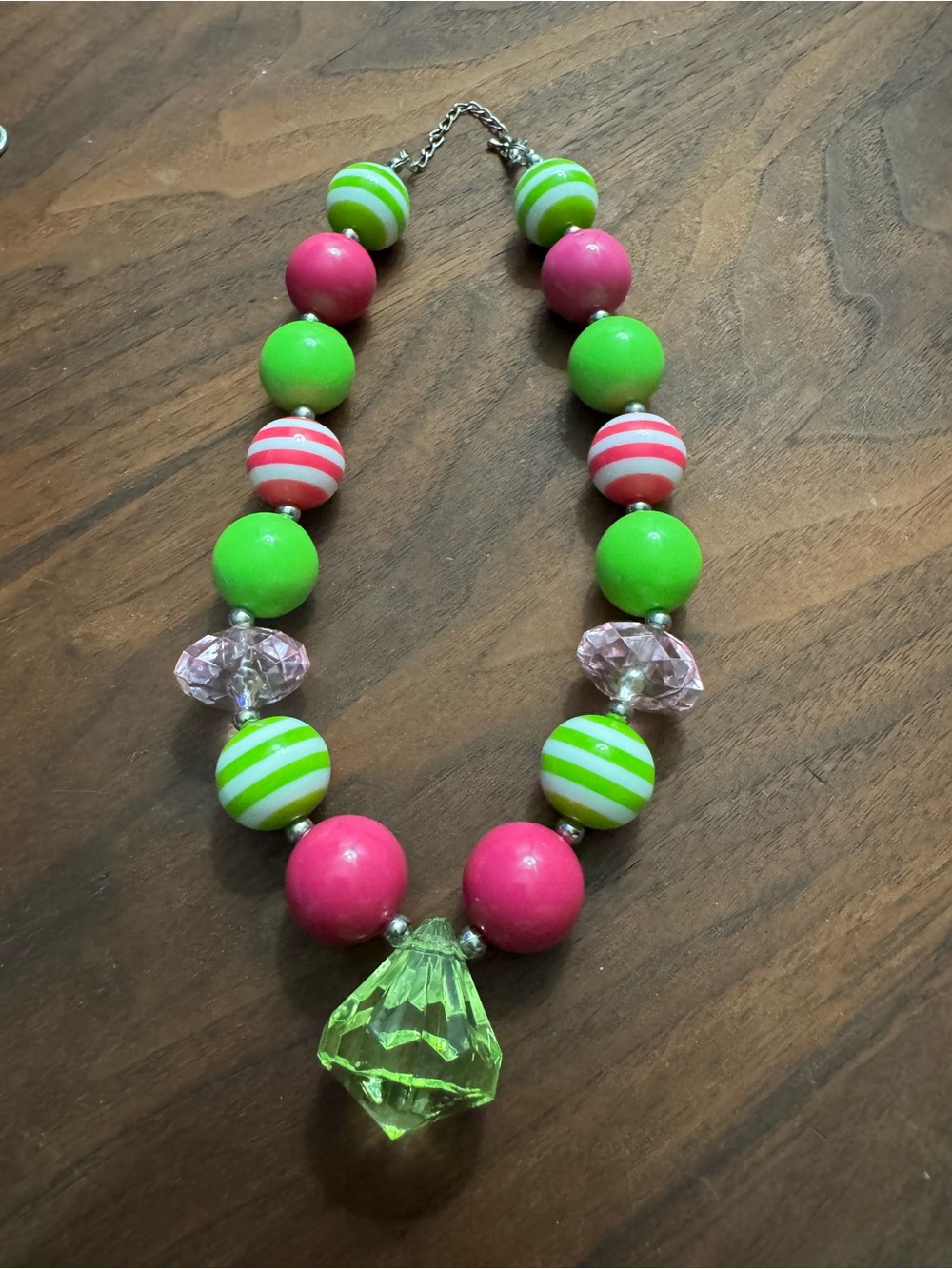 Chunky Pink/Green Silvertoned Beaded Necklace